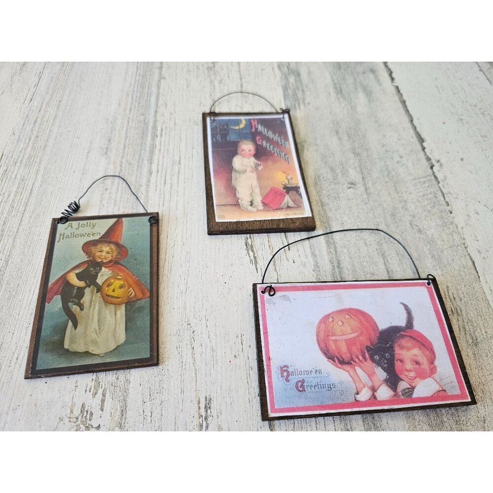 Wooden Halloween postcard ornament unique shabby chic children cat pumpkin set l